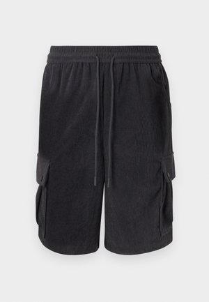 Shorts cargo en velours côtelé noir avec taille à cordon de serrage et poches latérales boutonnées, présentés sur un fond clair uni.