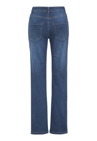 Mörkblå denimjeans med rak benform, som har två bakfickor och synlig sömnad längs sömmarna.
