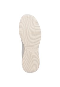 Sole della sneaker Skechers in gomma bianca sporca, con un motivo a onda per la trazione, con "SKECHERS" in rilievo vicino al tallone.