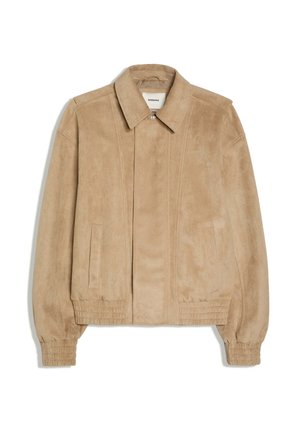 Hellbraune Wildleder-Bomberjacke mit Kragen, elastischen Bündchen und Saum, Fronttaschen und verdecktem Reißverschluss.
