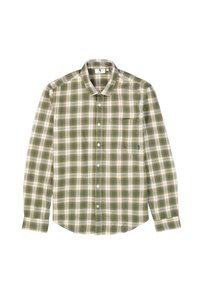 Camisa de cuadros verde y blanca de manga larga con cuello abotonado, bolsillo en el pecho y un corte relajado. Tejido de mezcla de algodón, textura suave.