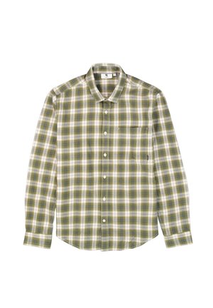 Chemise à manches longues à carreaux verts et blancs, avec un col boutonné, une poche unique sur la poitrine et une coupe décontractée. Tissu en mélange de coton, texture lisse.