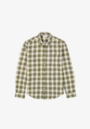 Camisa de cuadros verde y blanca de manga larga con cuello abotonado, bolsillo en el pecho y un corte relajado. Tejido de mezcla de algodón, textura suave.