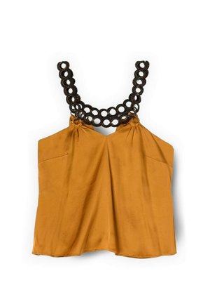 Top giallo senape senza maniche con vestibilità ampia e spalline a loop circolari nere intorno allo scollo.