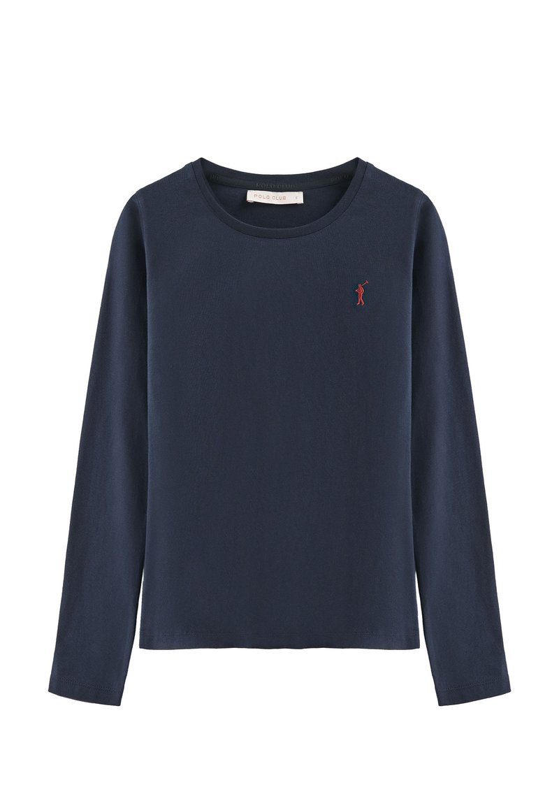 Marineblaues Langarm-T-Shirt aus weichem Stoff. Mit einem runden Ausschnitt und einem kleinen roten Logo auf der linken Brust. Schlichtes, vielseitiges Design.