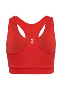 Rotes Sport-BH aus elastischem Stoff mit einem tief ausgeschnittenen Rückendesign und Cut-out-Details. In der Mitte befinden sich dezente weiße Chevron-Akzente.