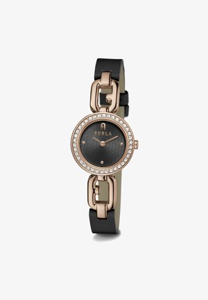 Round watch with a black face, rose gold accents, a crystal bezel, and a black leather strap, featuring a chain link design.