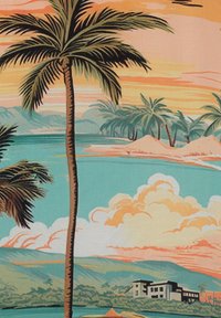 Grande palmier au premier plan avec un paysage côtier d'autres petits palmiers, collines, nuages et un bâtiment sous un ciel pastel de coucher de soleil.