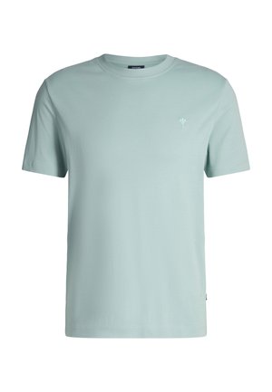 Mint green cotton t-shirt with a crew neck, short sleeves, and a small embroidered design on the chest. Smooth texture and relaxed fit.