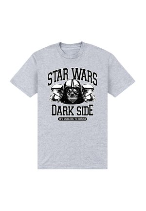 T-shirt gris avec impression noire représentant Dark Vador et deux casques de Stormtroopers, texte « Star Wars Dark Side » et phrase « Résister est inutile ».
