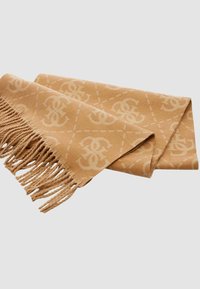 Sciarpa color cammello con motivo a logo ripetuto, bordi sfrangiati e texture morbida, progettata per calore e stile.