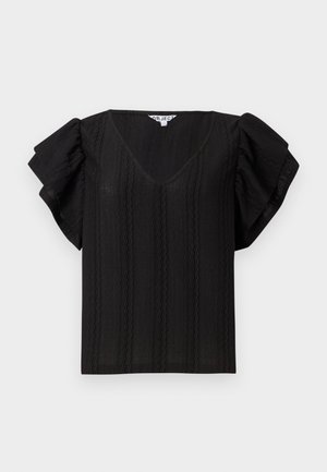 Top preto com decote em V, mangas curtas com babados e riscas verticais texturizadas. Feito de um tecido leve. Design simples e de corte solto.