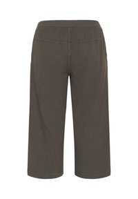 Dark gray cropped pants with an elastic waistband, featuring a smooth texture and no visible pockets or embellishments, shown from the back.