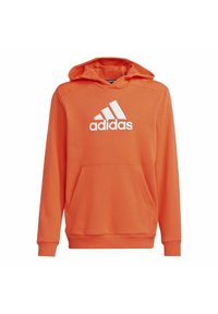 Felpa con cappuccio arancione in misto cotone, con tasca frontale, polsini a costine e logo Adidas bianco sul petto. Texture liscia.