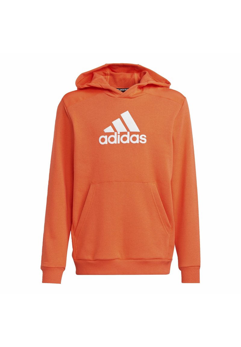 Felpa con cappuccio arancione in misto cotone, con tasca frontale, polsini a costine e logo Adidas bianco sul petto. Texture liscia.