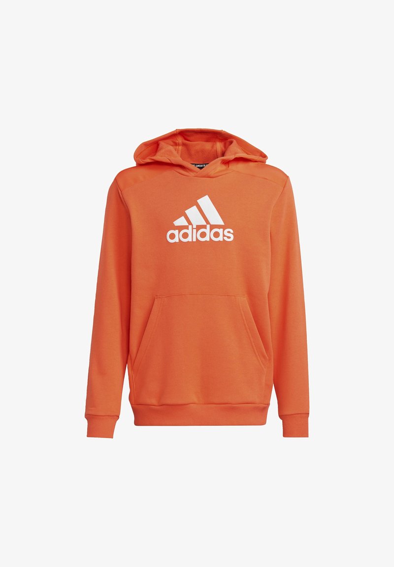 Felpa con cappuccio arancione in misto cotone, con tasca frontale, polsini a costine e logo Adidas bianco sul petto. Texture liscia.