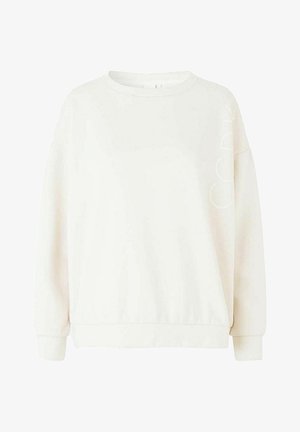 Bela majica s kapuco, sproščenega kroja, okroglim ovratnikom in rebrastimi manšetami. Ima diskretno blagovno oznako na sprednji strani v podobni barvi. Mehka tekstura.