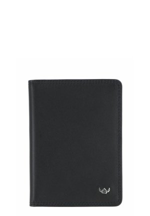 Portefeuille en cuir noir avec des bords arrondis et un petit logo ailé en argent dans le coin inférieur droit.