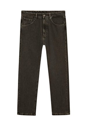 Tmavě šedé džíny z denimu s klasickým pětikošilkovým designem, se zipem na přední části a knoflíkovým zapínáním. Mají rovné nohavice a jemné vyblednutí.