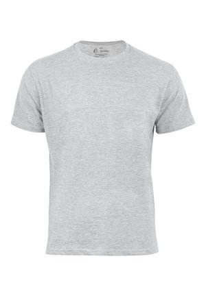 Helles graues kurzärmliges Baumwoll-T-Shirt mit Rundhalsausschnitt, frontseitig auf einem weißen Hintergrund präsentiert.