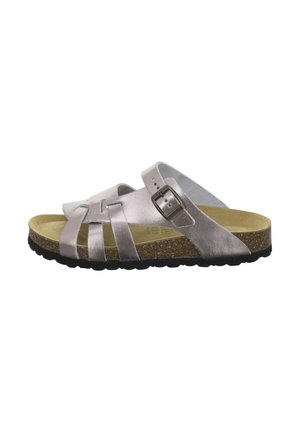 Silver leather slide sandal with adjustable buckle strap, open toe, cork footbed, and black textured sole.