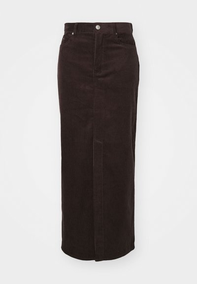 Brun kordfløjl maxi-nederdel med lodret ribbet struktur, lige snit, knaplukning foran og to sidelommer.