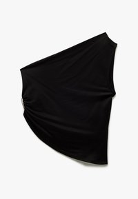 Haut asymétrique noir en tissu doux et extensible. Présente un design drapé avec des fronces sur un côté pour ajouter de la texture et de la forme.