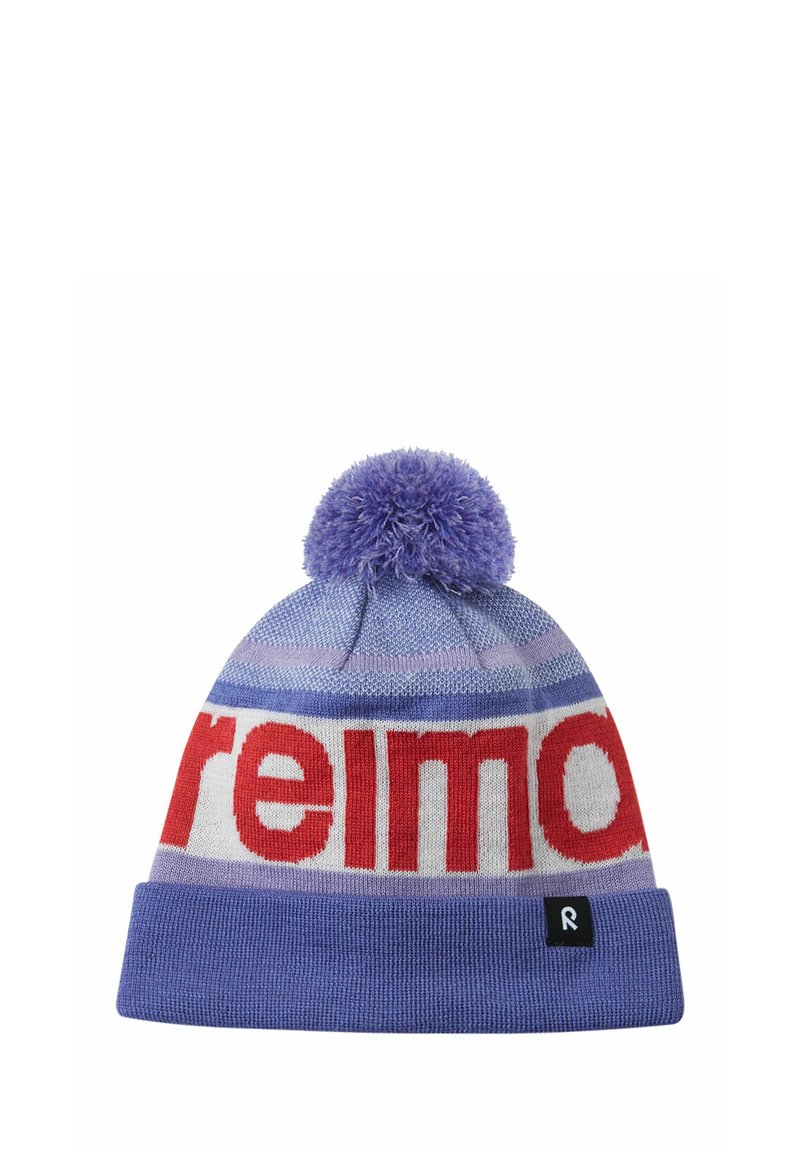 Knit beanie in light purple with a large pom-pom. Features bold red text and blue stripes. Includes a small logo tag on the side.