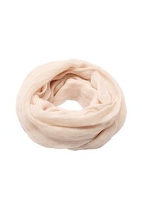 Jasnoróżowy szalik w kształcie nieskończoności, wykonany z miękkiego, teksturowanego materiału, charakteryzujący się luźnym splotem i ciągłym wzorem, umożliwiającym wszechstronne stylizacje.
