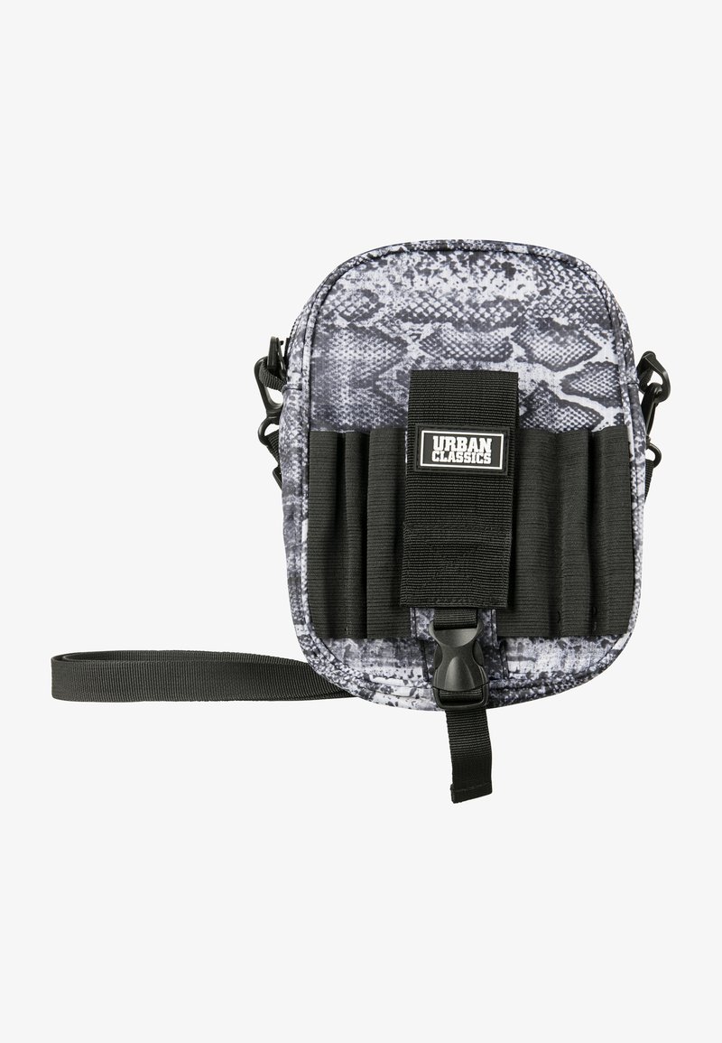 Small crossbody bag with a black and gray snake print design, featuring elastic slots and a front strap. Made of durable synthetic material.