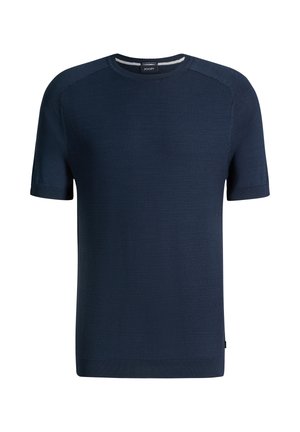 Maglione in maglia blu navy a maniche corte con fronte strutturato, scollo rotondo e bordi a coste, mostrato su sfondo bianco.