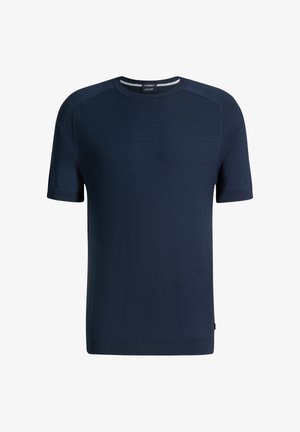 Maglione in maglia blu navy a maniche corte con fronte strutturato, scollo rotondo e bordi a coste, mostrato su sfondo bianco.