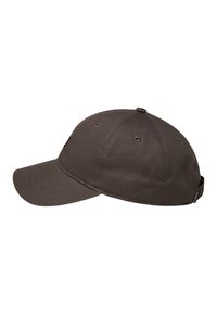 Braune Baumwoll-Baseballmütze mit einem gebogenen Schirm, sechs Belüftungsöchern und einem verstellbaren Riemen auf der Rückseite. Auf der Seite befindet sich ein kleines Logo.