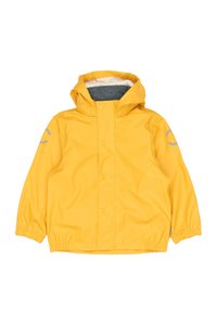 Chubasquero amarillo con acentos grises, puños elásticos, capucha y cierres a presión. Exterior liso e impermeable, forrado con una suave tela gris.