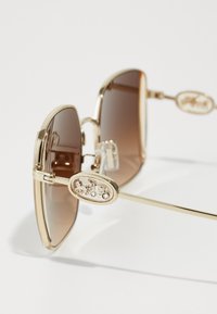Lunettes de soleil en métal doré avec des verres dégradés marron. Le design notable inclut un matériel décoratif avec un motif de cheval et de carrosse.