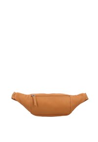 Brauner Leder-Gürteltasche mit glatter Textur, geschwungener Form und einer Reißverschlusstasche auf der Vorderseite. Sie hat einen dünnen, verstellbaren Riemen.