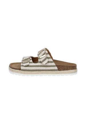 Strappy slide sandal with a woven beige and olive striped upper, brown cushioned footbed, and a white rubber sole. Two adjustable buckles.