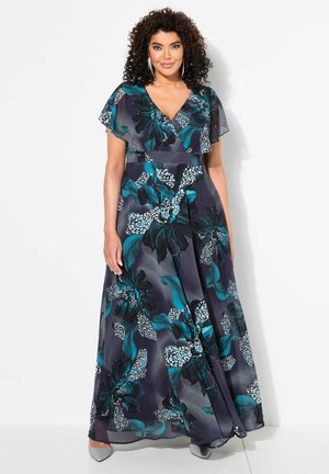 Maxikleid mit floralem Muster, tiefem V-Ausschnitt, fließenden Ärmeln in Dunkelblau und Türkis, großen Blumenmotiven und einem schwingenden Rock.