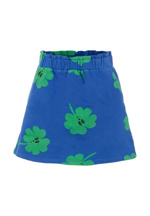 Blue elastic waistband skirt featuring green leaf patterns. The skirt has a flared design and smooth texture, suitable for casual wear.
