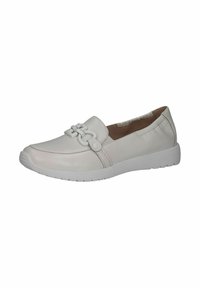 Scarpe bianche slip-on con finitura in pelle liscia, caratterizzate da un'accortezza decorativa a catena sulla tomaia e una suola in gomma testurizzata.