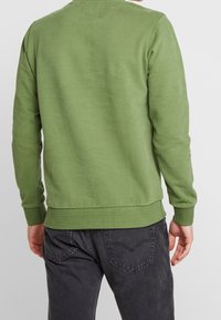 Zelená mikina s kulatým výstřihem, dlouhými rukávy, ribovanými manžetami a pasem. Hladká textura, ležérní střih, minimalistický design.