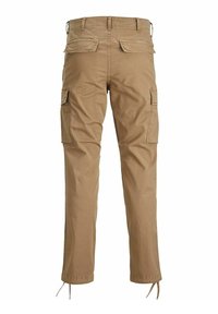 Khaki cargo kalhoty s kapsami na zadní straně, bočními kapsami na klopě, poutky na opasek a stahováním na spodním lemu nohavic, zobrazené zezadu.