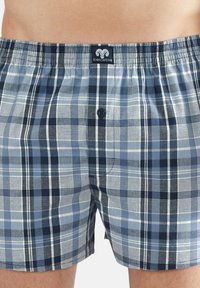 Bóxer con un diseño de cuadros azules que presenta diferentes tonos de azul, blanco y negro. Confeccionados con una tela suave y una cinturilla elástica.