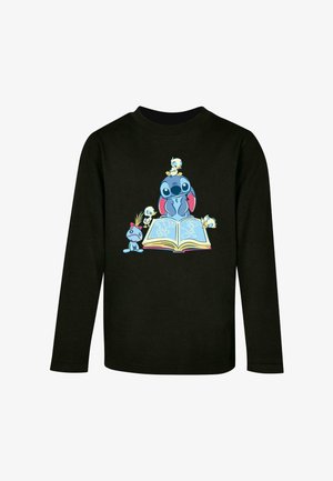Schwarzes Langarmshirt mit einem bunten Grafikdruck eines Charakters mit einem blauen Kopf und roten Ohren, umgeben von Vögeln und einem offenen Buch.