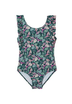 Mädchen-Einteiler-Badeanzug mit dunkelgrünem Hintergrund und pinkem, lila und grünem tropischem Blatt- und Vogelmuster, mit gerafften Schulterträgern.