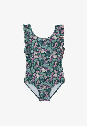Girls' one-piece swimsuit with dark green background and pink, purple, and green tropical leaf and bird print, featuring ruffled shoulder straps.