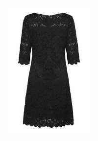 Black lace dress featuring a square neckline and three-quarter sleeves, with a floral pattern and scalloped hem. Textured, knee-length design.