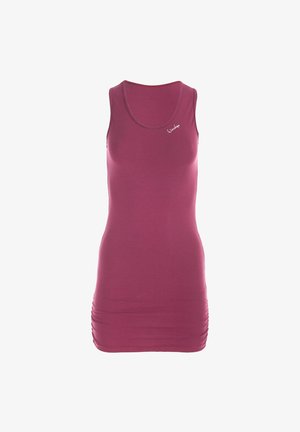 Anpassungsloses ärmelloses Top aus dunkelrosa Stoff. Verfügt über einen runden Ausschnitt und geraffte Seitenpartien. Enthält dezente Markenstickerei.