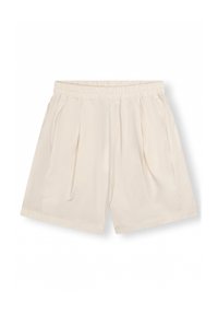 Pantaloni corti beige chiaro realizzati in tessuto liscio con una vita elasticizzata, caratterizzati da pieghe e tasche laterali, adatti per un abbigliamento casual.