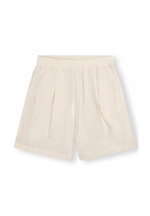 Pantalones cortos beige claros hechos de una tela suave con una cintura elástica, que presentan pliegues y bolsillos laterales, ideales para un look casual.